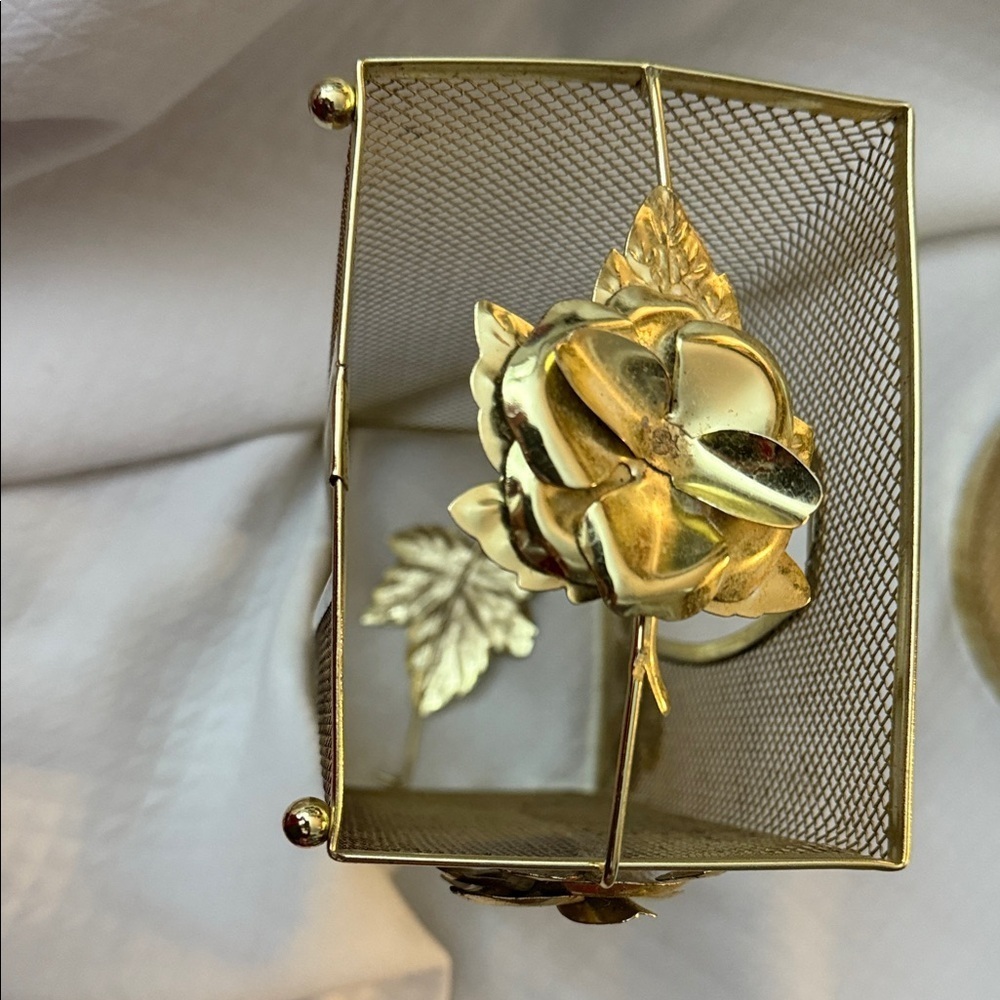 Vintage Hollywood Regency Gold Mesh Wastebasket & Tissue Box Cover Ornate Floral - Picture 8 of 15